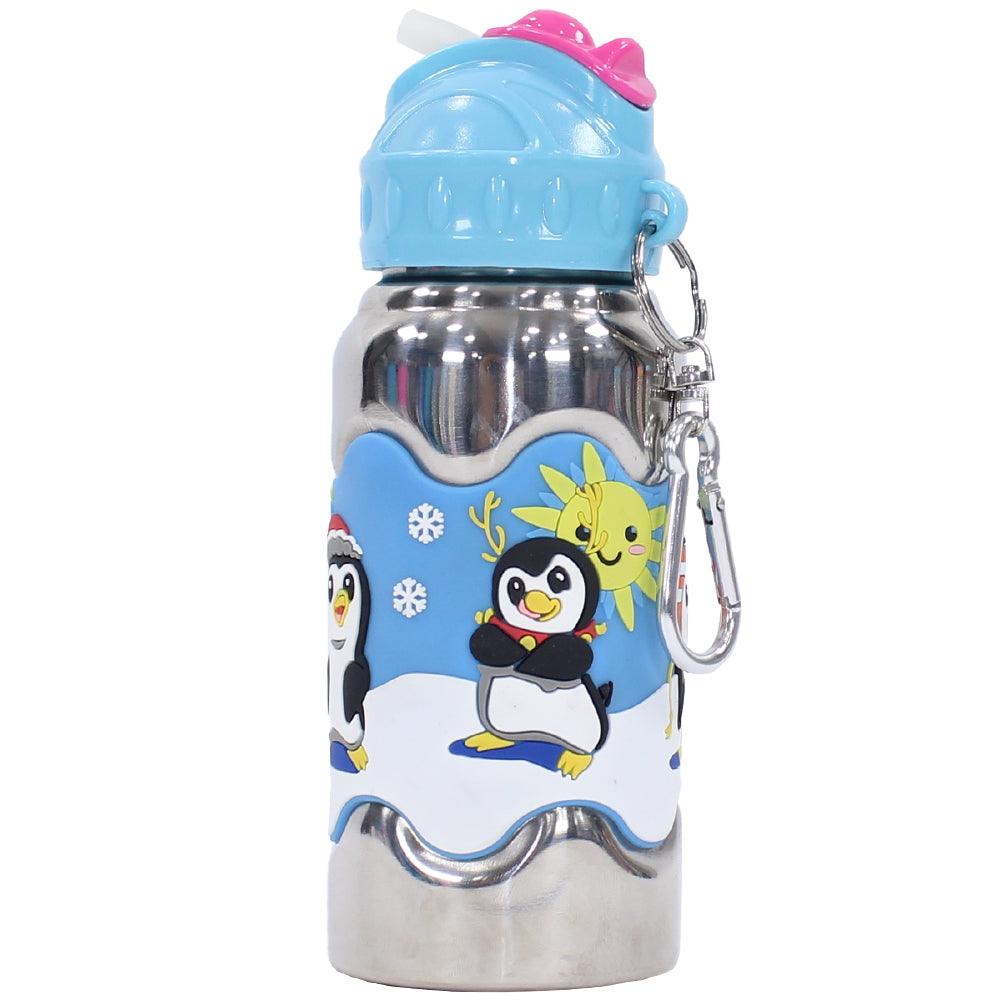 Stainless Steel Slide Out Straw Bottle 400ml (Penguins)