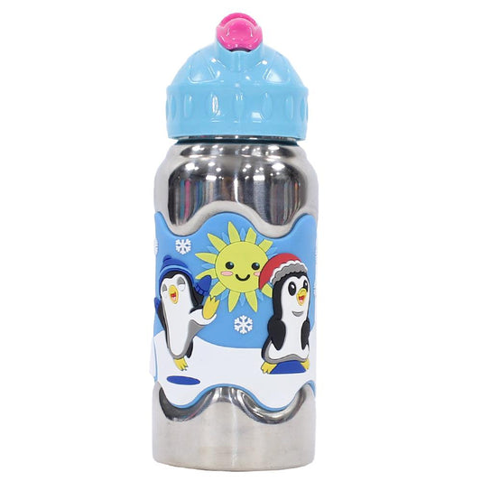 Stainless Steel Slide Out Straw Bottle 400ml (Penguins)