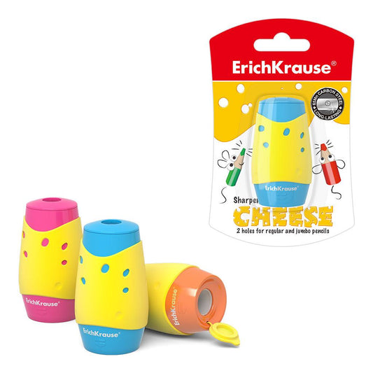 Double hole plastic sharpener ErichKrause® Cheese with a container, color: assorted (blister 1 pc.) - Ourkids - Erich Krause
