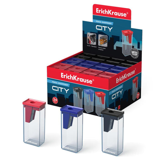 Plastic sharpener ErichKrause® City with container, color: assorted - Ourkids - Erich Krause